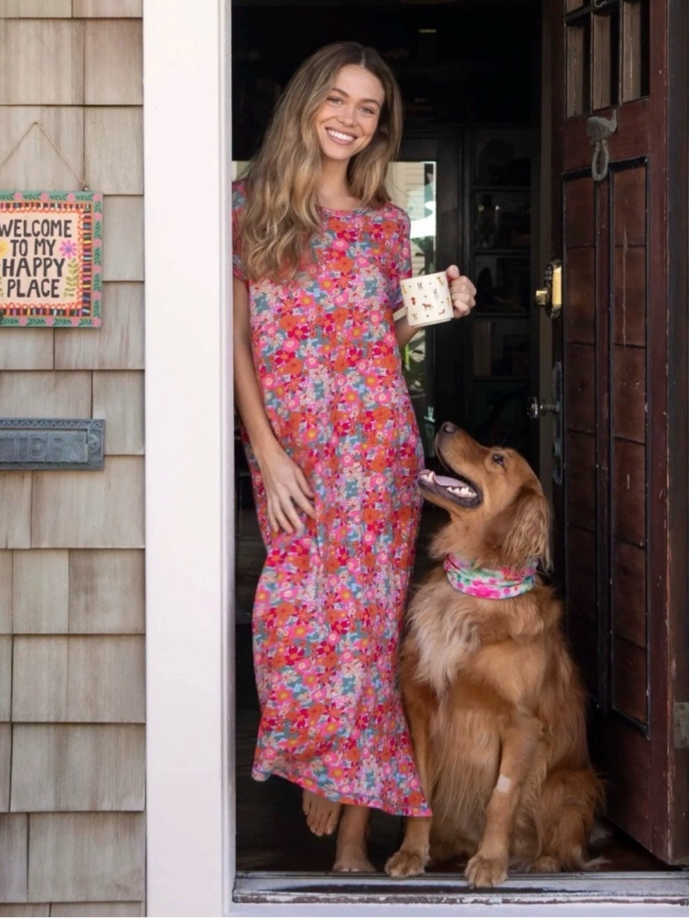 Natural Life Frankie Knit Cotton Tee Midi Dress Pink and Red Floral Size Medium